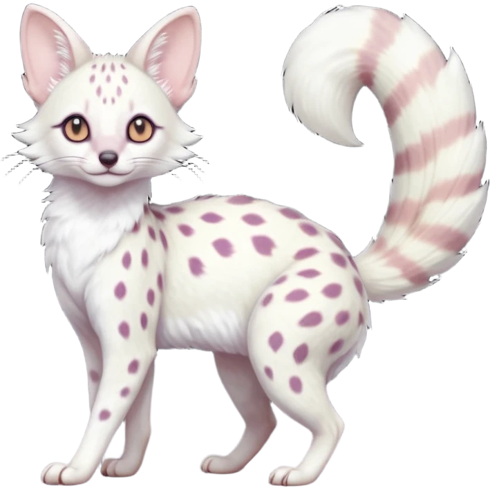 White Albino frosty snow-white whitish pastel-grey-spotted Serval-Civet-Genet-Trico-Furret-Linoone-Noibat-Espeon-Fakémon-Pokémon-animal-hybrid-fusion-creature (full body) with vibrant glowing eyes, cute, elegant, soft, realistic, pastel fur emoji