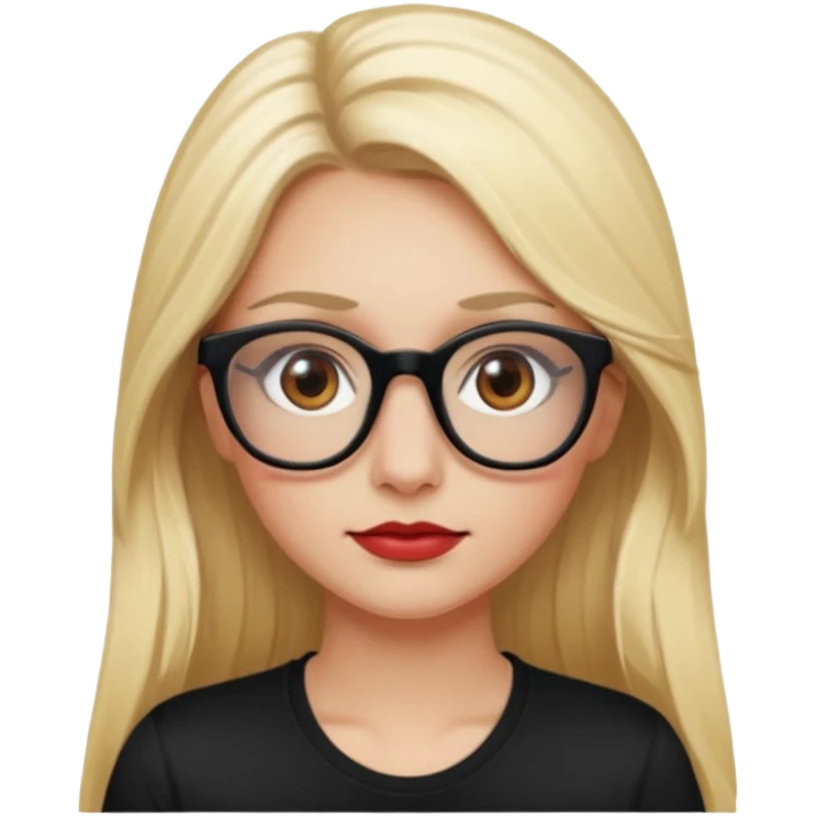 A blonde woman, long hair and long eye lashes,small nose, red blushe and highlighter, black glasses,brown eyes, white tshirt emoji
