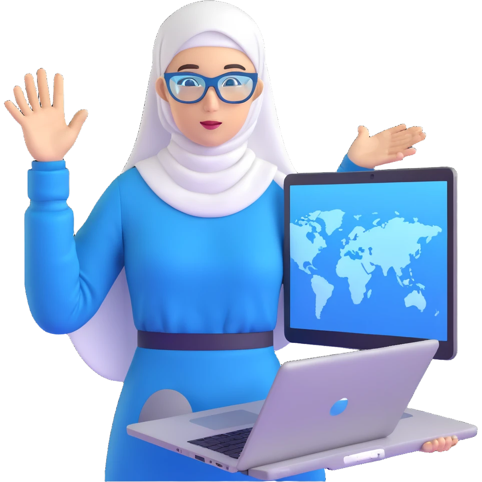 computer engineer with white hijab wearing blue outfit, presenting her metaverse creation with a large digital screen behind her displaying virtual worlds and code, laptop open in front of her showing programming interface, AR glasses, professional stance emoji