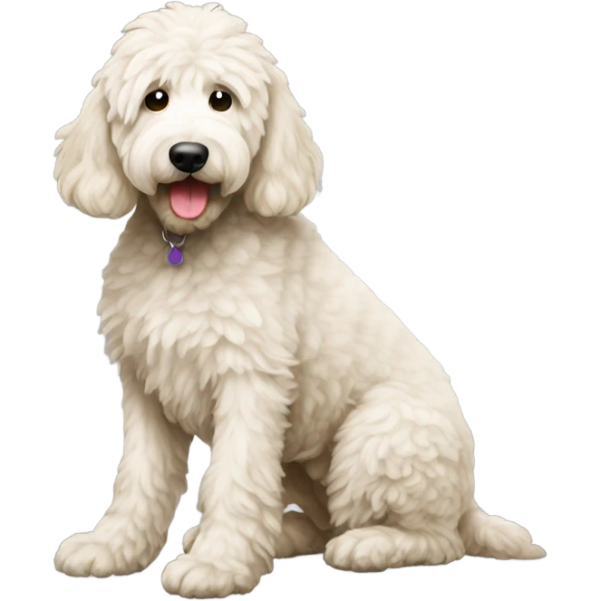 White goldendoodle squatting to poop emoji