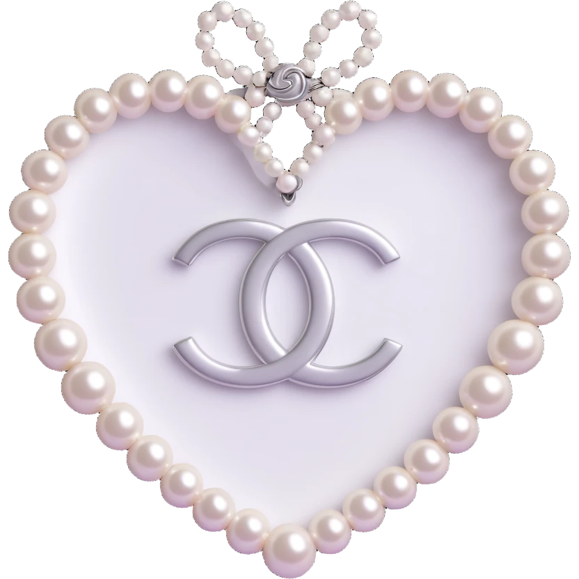 glossy white heart encircled by a string of pearls, with a silver Chanel logo overlay, elegant, black and white palette emoji