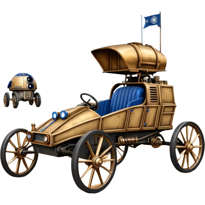 Old American West tarnished R2D2 C-3PO bounty hunter 1854 delicately ornate rosegold accents painted dune buggy buckboard wagon powered by electric motors and batteries with safety features and belts flying rapidly across rough dusty terrain stable on strong agile steampunk suspension and steering  emoji