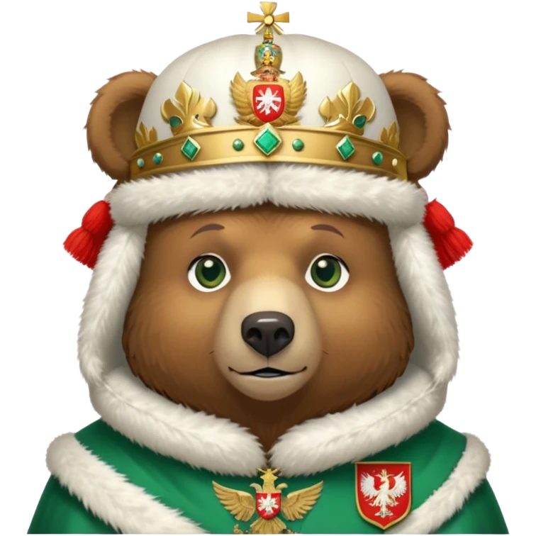 Just the head of a cute brown bear with green eyes, wearing white fur ushanka hat with highly detailed realistic Russian Federation coat of arms, showing double-headed eagle with crowns, scepter, orb and St. George shield, iOS emoji style emoji