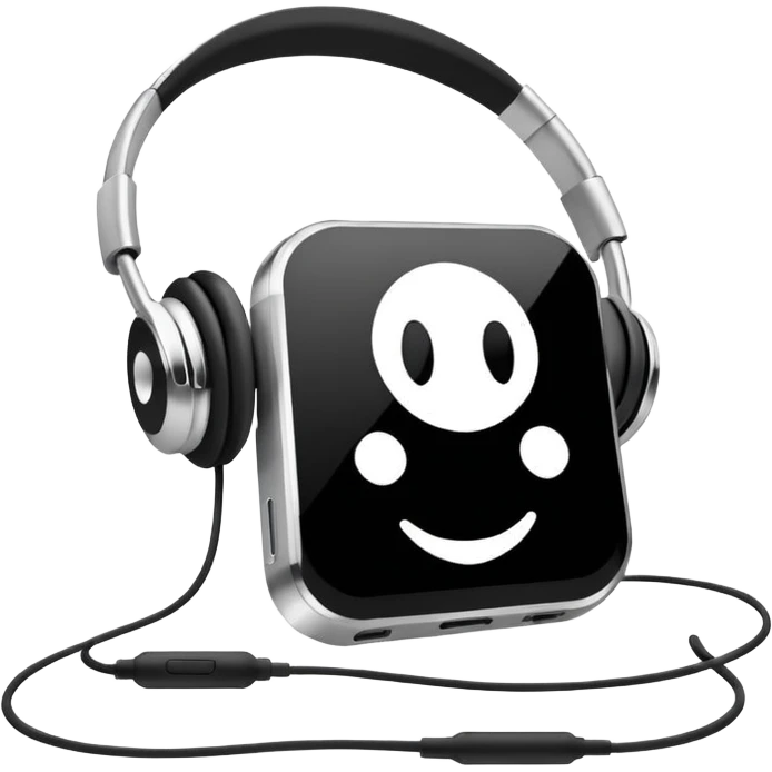 Futuristic iPod emoji with earphones, metallic black and white, smooth reflective surfaces, flat minimal vector design, clean UI style emoji