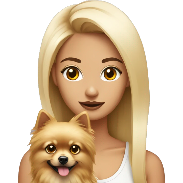 Chica rubia pelo largo y ojos negros con un pomeranian blanco  emoji