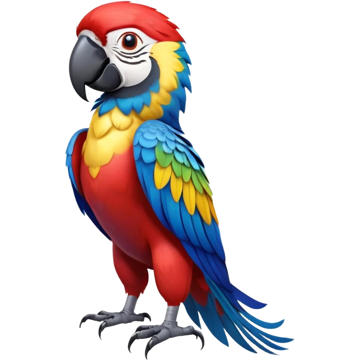 cinematic-macaw-realistic-full-body-standing-emoji,-vibrant-feathers-glowing-with-rich-reds,-blues,-and-yellows,-head-tilted-dramatically,-curved white-beak-gleaming,-piercing-dark-eyes-exuding-confidence,-simplified-yet-realistic-focused emoji