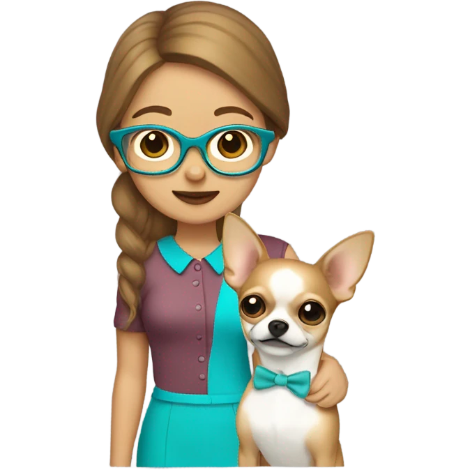 Lady with brown jair, eye glasses and brackets, light skin, with her chihuahua, blond male chichi agua emoji