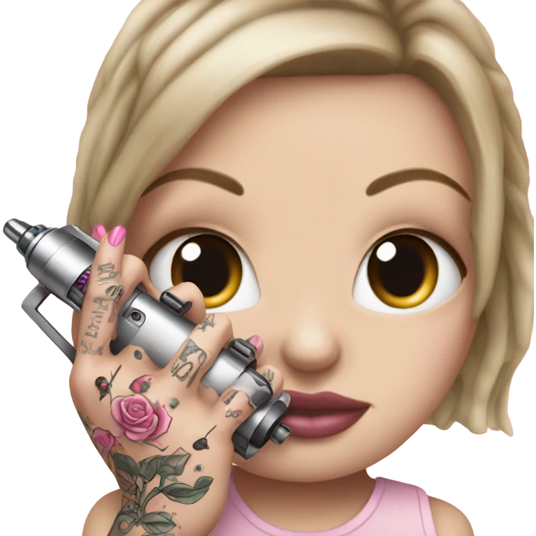 White girl hand with pink tattoos holding a tattoo machine emoji