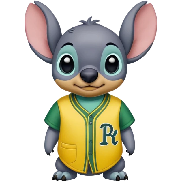 Stitch with a yellow and green baseball jersey with the name royal greys emoji