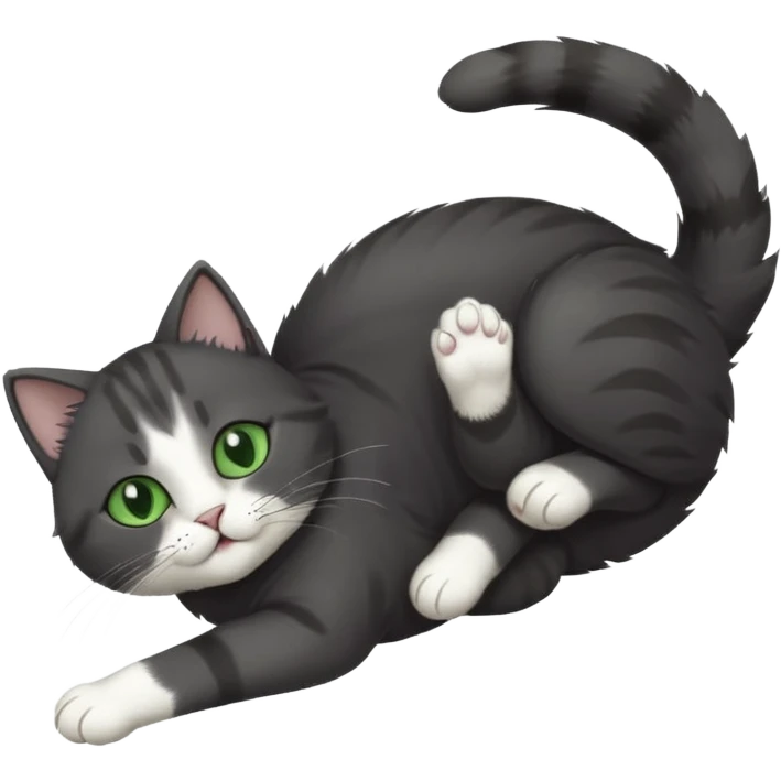 dark grey cat with green eyes, white toes/paws and white patch on her chest playfully rolling upside down emoji