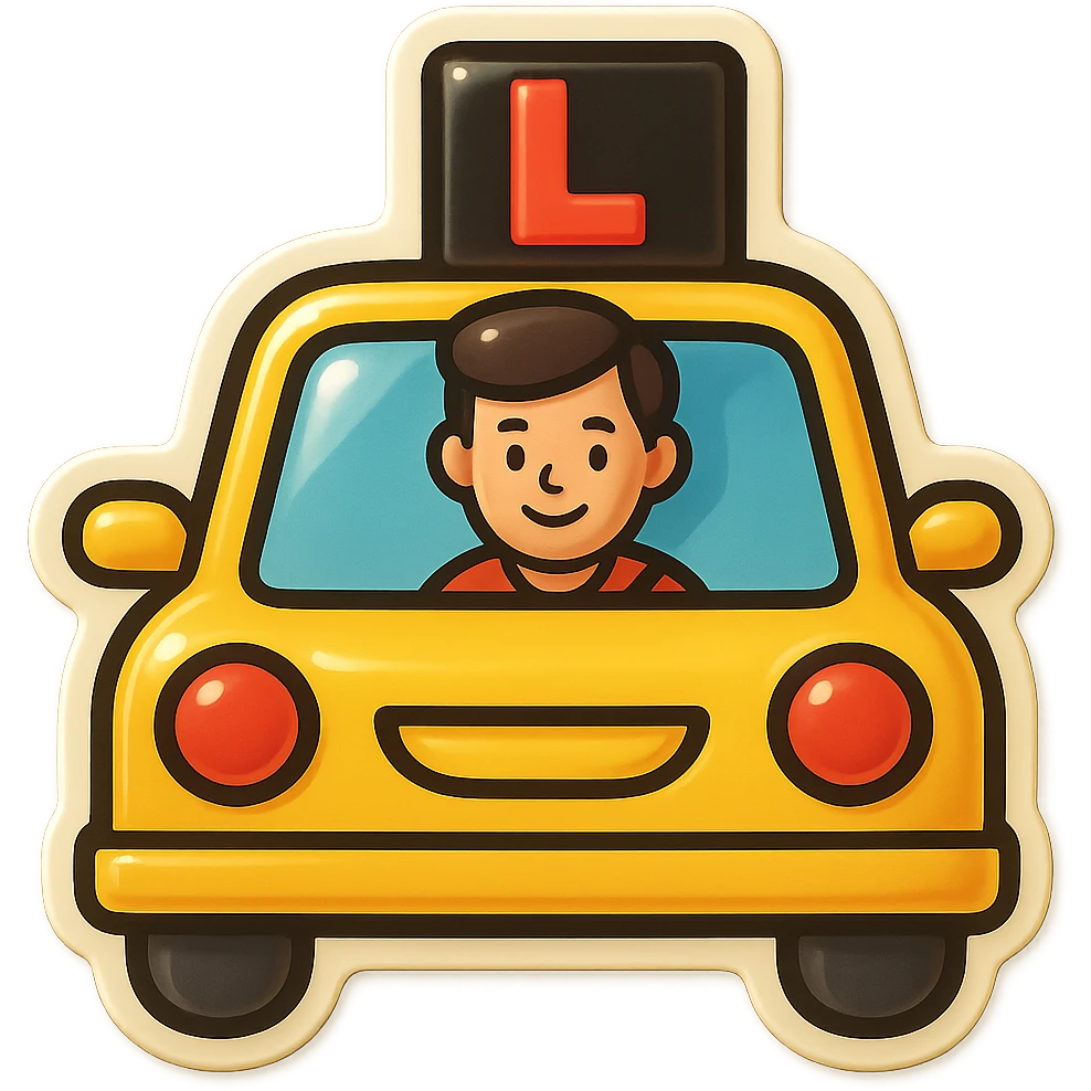 Add a visible driver inside the yellow car for learner driver, keep the retro stickers style and no background. emoji
