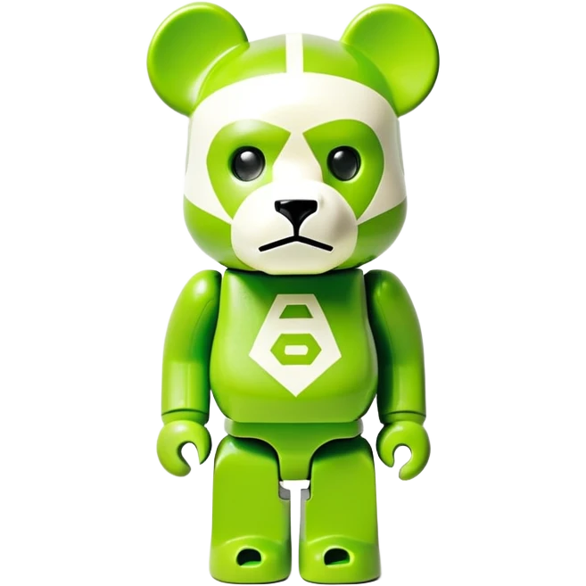 authentic bearbrick figure with geometric bear head, lime green mask with Off-White diagonal stripes logo, distinct eyebrows, collectible toy emoji