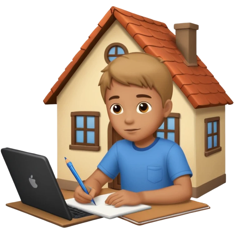 boy drawing little house character on notebook emoji