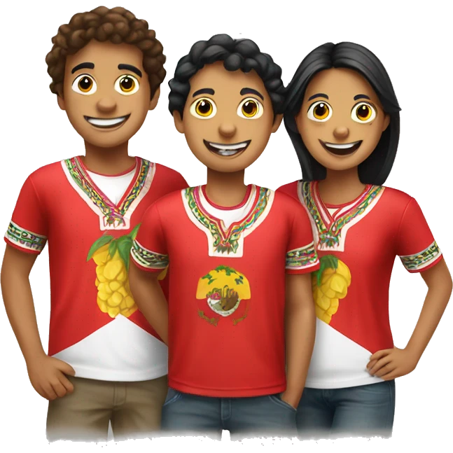 happy peruvian group of 3 friends with Peruvian shirts emoji