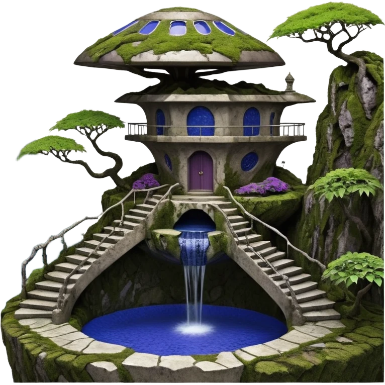 Alien saucer house jungle-vines precarious narrow stairway fountain mountain-island landscape antique mudman very old broken cracked intricate Stone Age lapis-crusted irregular dodecagon-shaped shallow dark moss rough bark violet serissa flowered maple tree bonsai pot emoji