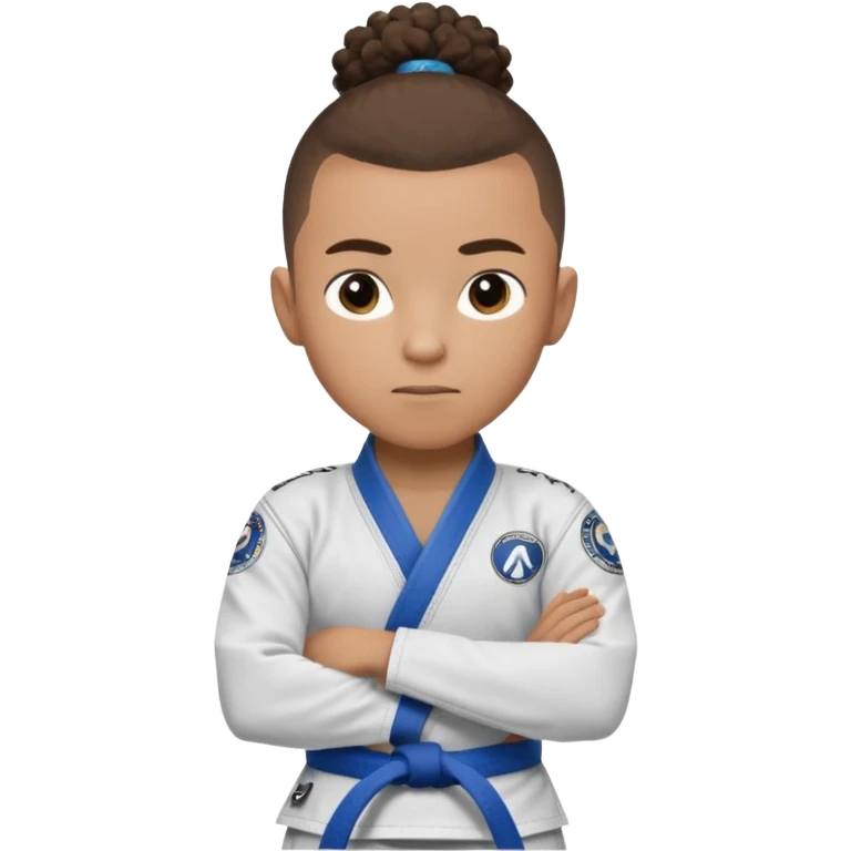 Mixed race boy BJJ instructor with pony tail afro hair and shaved bald sides haircut, Make the hair brown and the belt blue. Add the roger Gracie academy logo on the go also and the p logo of progress jiu jitsu on the right arm sleeve  at the top emoji