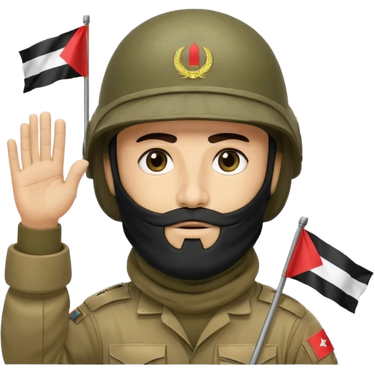 surrenders, depicts an Iraqi soldier from 1980, with a beard, in a helmet, a helmet with sign flag Iraq, with a balaclava, with sad eyes and both hands raised up emoji