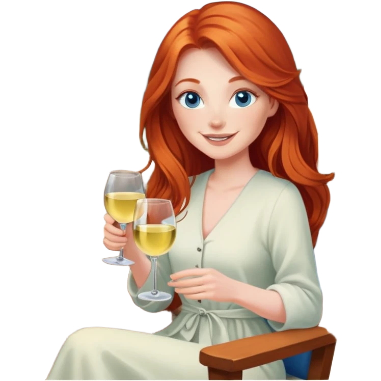 Happy redhead with long hair and blue eyes holding white wine sitting in chair beside fire outdoors emoji