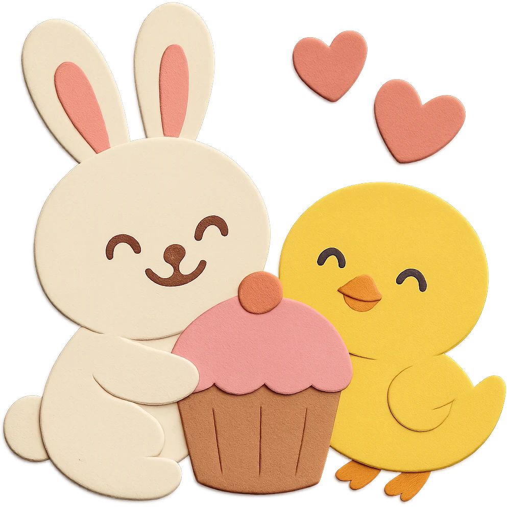 Make both the bunny and chick have happy, smiling faces, keep the paper-craft style and color palette emoji