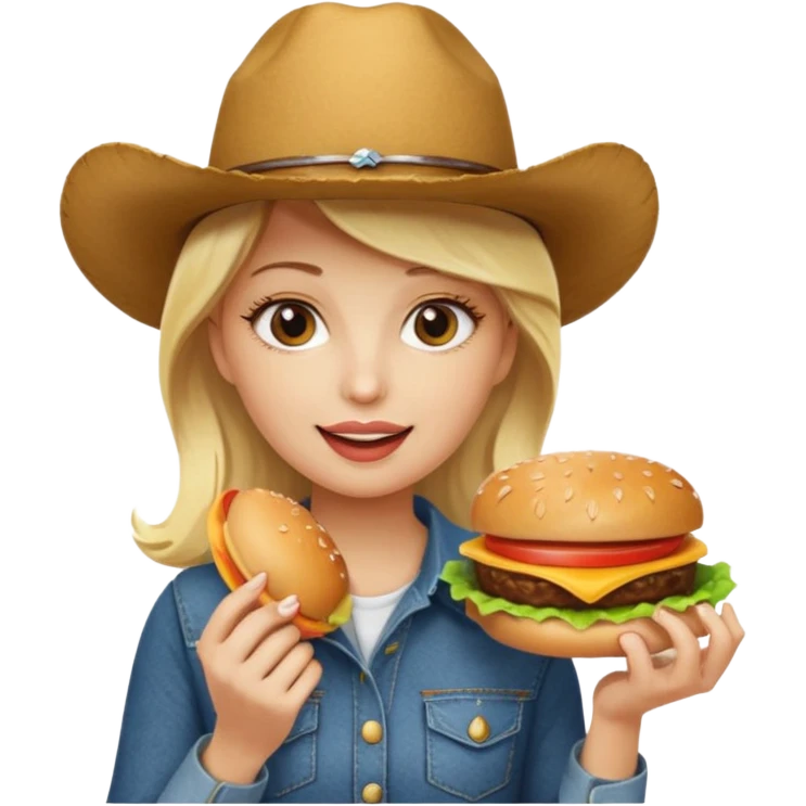 blonde female wearing cowboy eating hamburger emoji