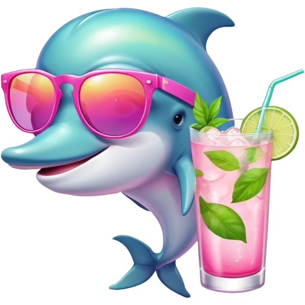 a dolphin with pink sunglasses and a mojito drink  emoji