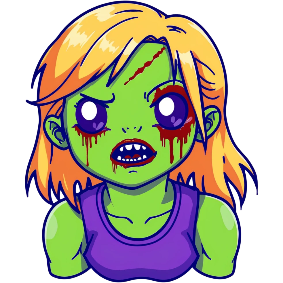 Zombie girl with green skin, purple bruises, gaping mouth, blonde long hair with bangs emoji