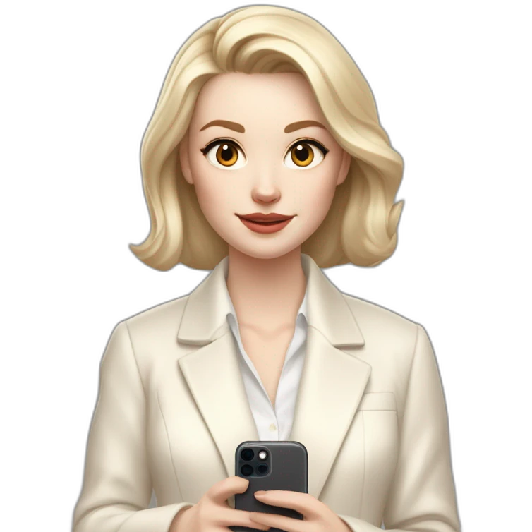 pale skin woman with ash blonde Straightened bob Hair, White Spacious classical jacket, beige palazzo Arrow pants and gray blouse holding white IPhone 15 pro in the hands emoji
