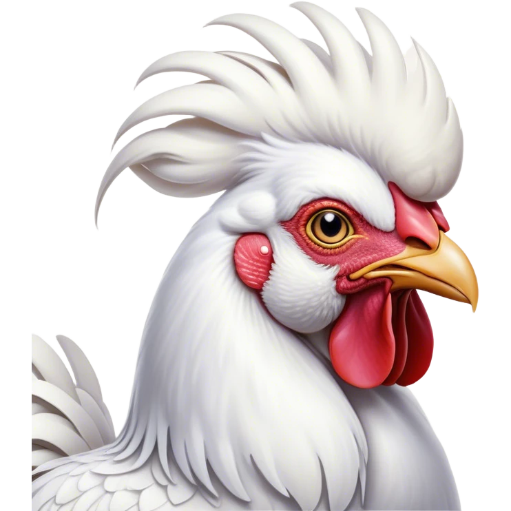 Cinematic Noble White Rooster Portrait Emoji, Poised and regal, with a robust, commanding build and a pristine, well-groomed pure white plumage, deep-set soulful piercing eyes, Simplified yet sharp and sophisticated features, highly detailed, glowing with a soft, dignified glow, high shine, intelligent and proud, stylized with an air of barnyard majesty, focused and attentive, soft glowing outline, capturing the essence of a watchful and confident leader, so majestic it feels as though it could crow out of the screen with effortless authority! emoji