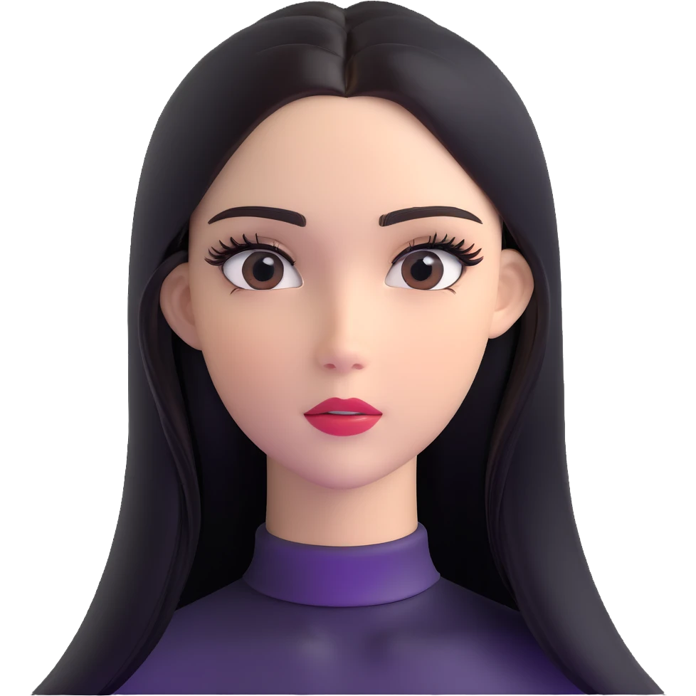 Striking character with glossy straight hair, perfect middle part, dramatic long eyelashes, and a beautiful attractive face emoji