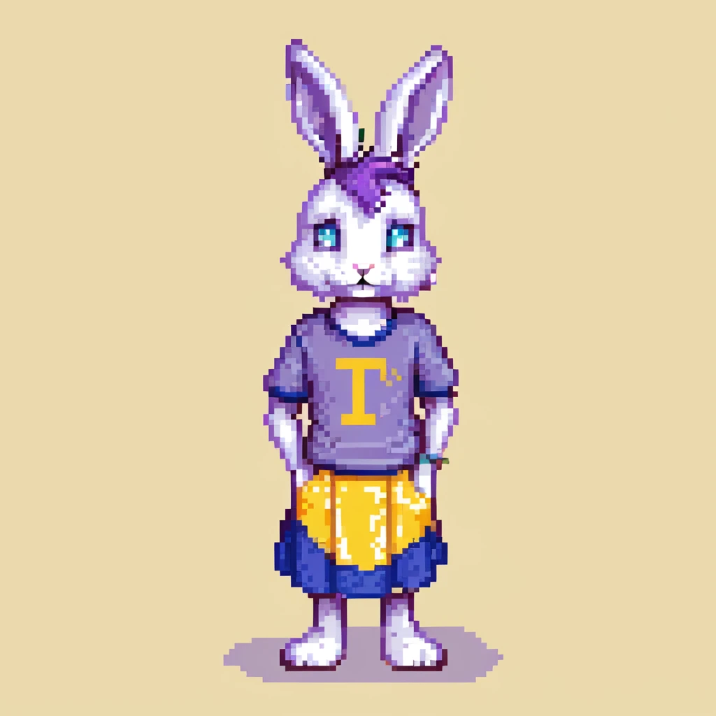 furry anthro male bunny with purple hair, blue eyes, purple and white fur, t-shirt and skirt, pixel art style, standing pose emoji