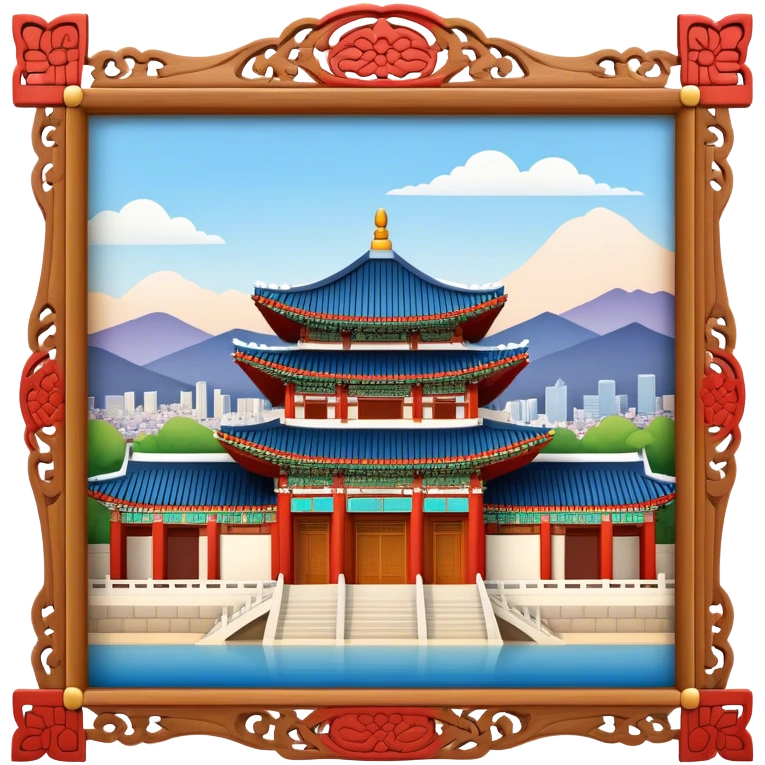 Cinematic Realistic Gyeongbokgung Palace Landmark Emoji, rendered with traditional Korean architecture, ornate wooden carvings, and vibrant colors, set against the backdrop of modern Seoul with soft evening light. emoji