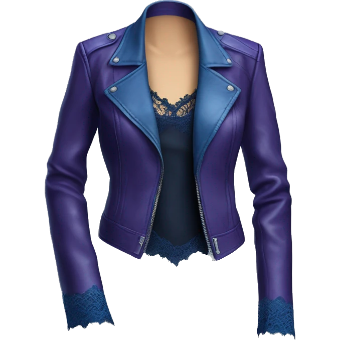 Realistic side view of a dark purple leather jacket with dark blue lace and blue silk camisole blouse underneath it. emoji