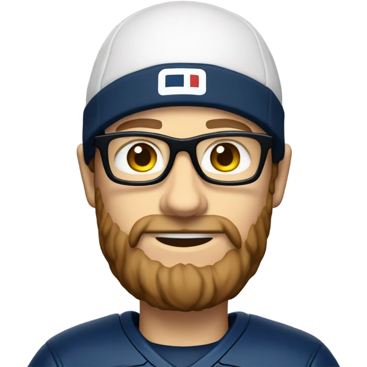 Caucasian man with brown hair and beard wearing glasses with American football jersey and cheese hat emoji