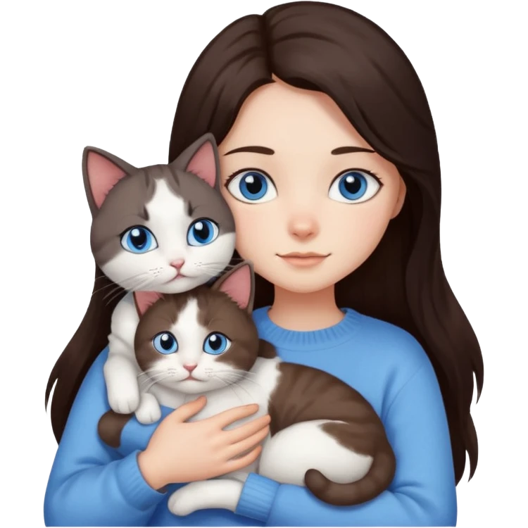 a girl with long dark 
brown hair, with blue eyes, in a
white sweater, hugs 3 different natural coloured cats emoji