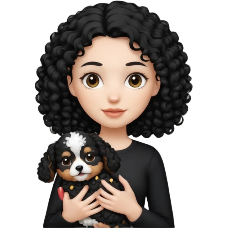 Moça branca com cabelo cacheado preto. Roupa preta e Com um cachorro no colo emoji