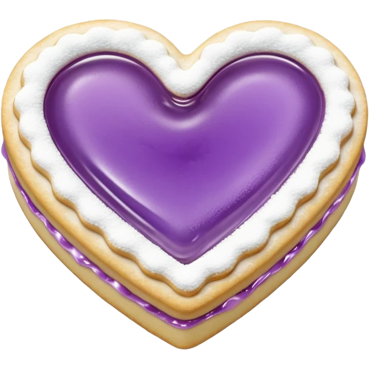 Realistic shortbread cookie in the shape of a heart with Pale Purple color jelly middle filling and sprinkled powder sugar on top. emoji