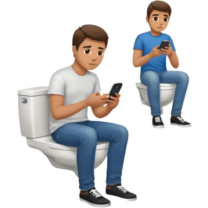 Man on toilet playing on phone while people wait to use bathroom emoji