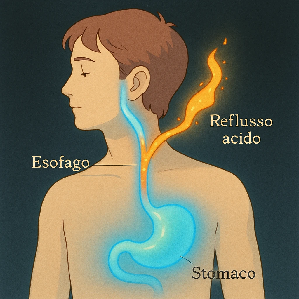 Medical illustration: profile of a man, highlighted esophagus, acid rising, Italian labels ('Esofago', 'Stomaco', 'Reflusso acido'). Dark background, clear style. emoji