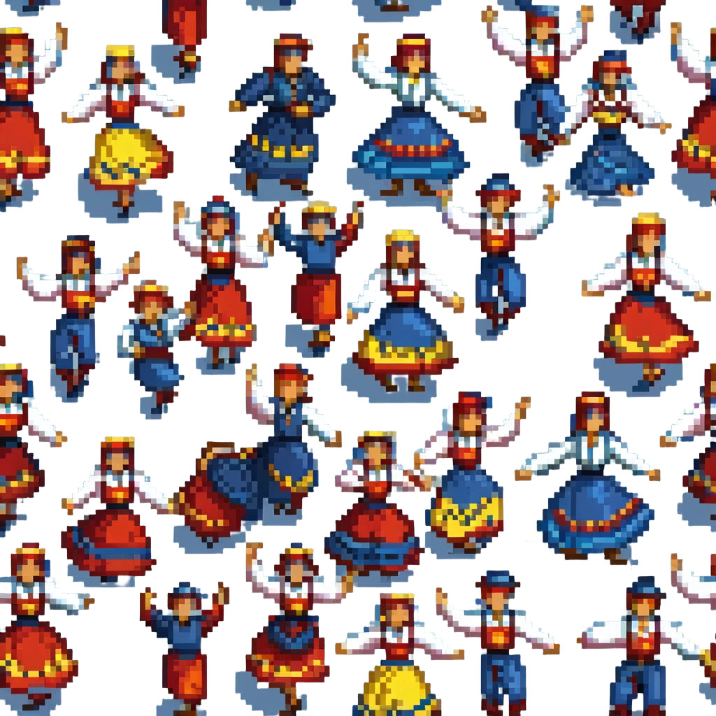 Ukrainian folk dance scene in pixel art, dynamic and lively emoji