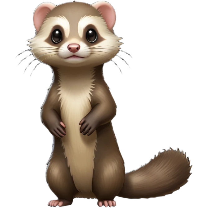 cinematic-[ferret]-realistic-full- long elongated body-standing-emoji,-tiny-paws-tucked-close,-head-tilted-dramatically,-sleek-[sable]-fur,-simplified-yet-realistic-focused-features,-highly-detailed,-glowing-with-an-almost-sarcastic-glow emoji
