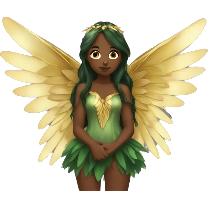 big wings, Beautiful, fairy, gold, brown, dark green, green, long hair emoji