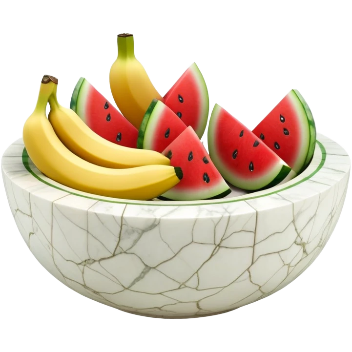 A simple 3D color illustration of a fruit bowl made of white marble with sliced watermelon square small pieces, sliced banana chunks with realistic shading and texture, on a pure white background. emoji