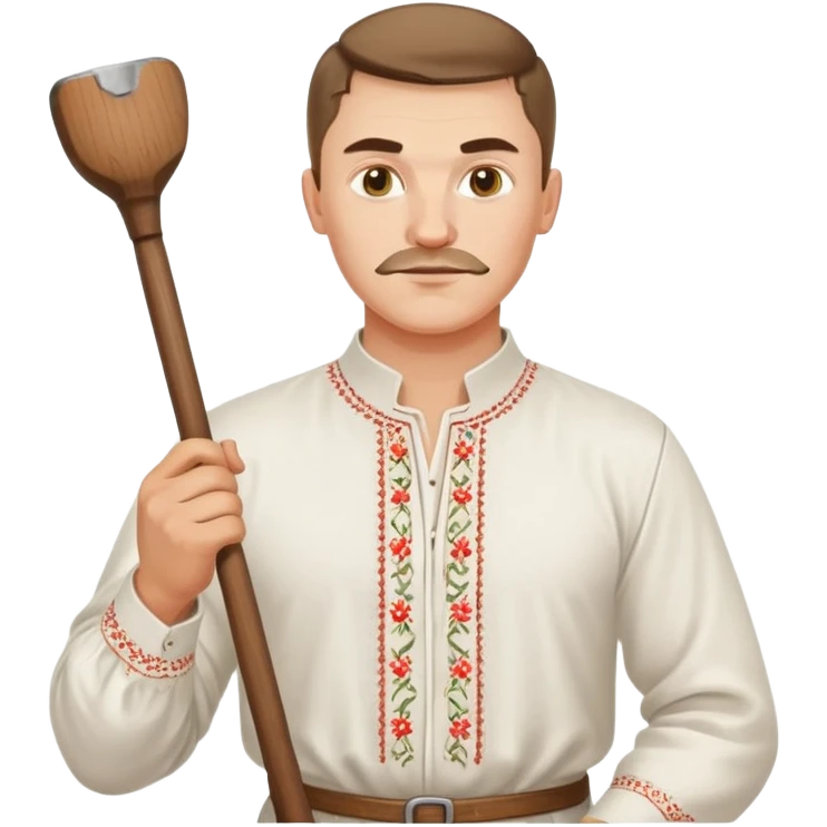 Ukrainian man wearing traditional white embroidered shirt (vyshyvanka) holding a hammer in one hand and a kitchen ladle in the other hand emoji