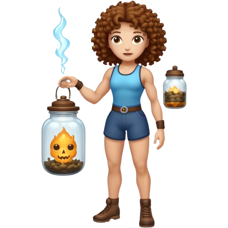 full body woman short curly brown mullet brown eyes white skin muscular build bug catcher spirit with glowing jar emoji
