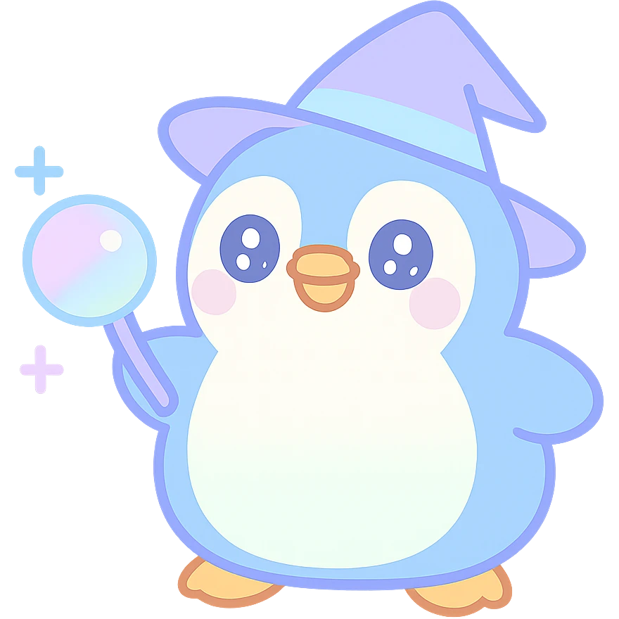 chubby penguin in wizard attire, casting spell, glowing orb emoji