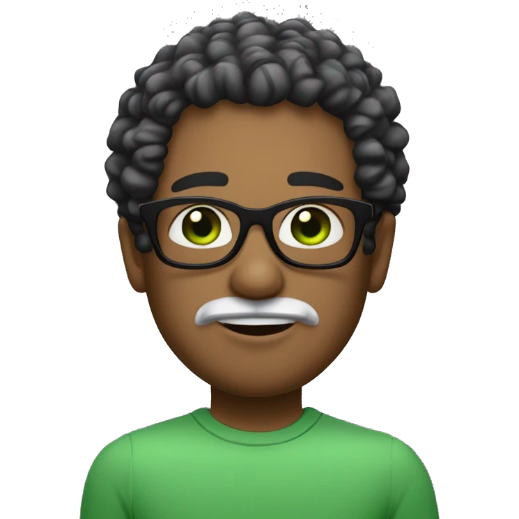 Man with green eyes and black specs, white skin curly hair, small goate below the lips. Hair colour is dark brown, fade hairstyle - is designing emoji