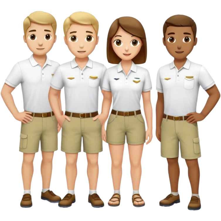 Group of pool attendants. white polos, khaki shorts.  emoji