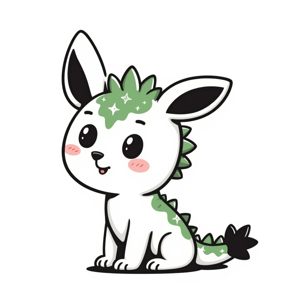 Kawaii bunny plant dragon with tiny spikes, extremely cute, giant sparkly eyes, blushing cheeks, pastel colors, small mouth, adorable expression, very scribbly messy hand drawn style, loose sketchy lines emoji