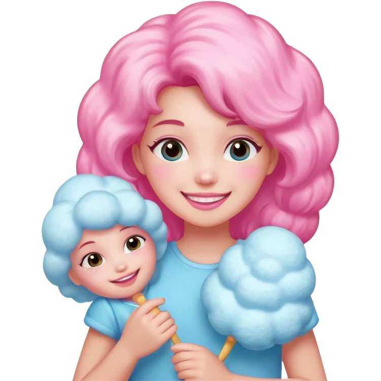 A girl hugging a big cotton candy puff with bright smile emoji