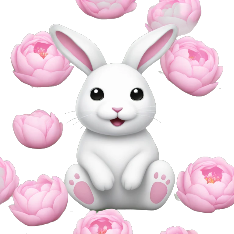 cute white bunny holding light pink peonies emoji